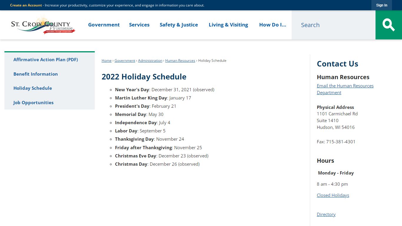 2022 Holiday Schedule | St. Croix County, WI