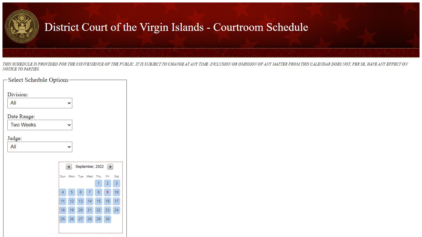 District Court of the Virgin Islands Calendar - United States Courts